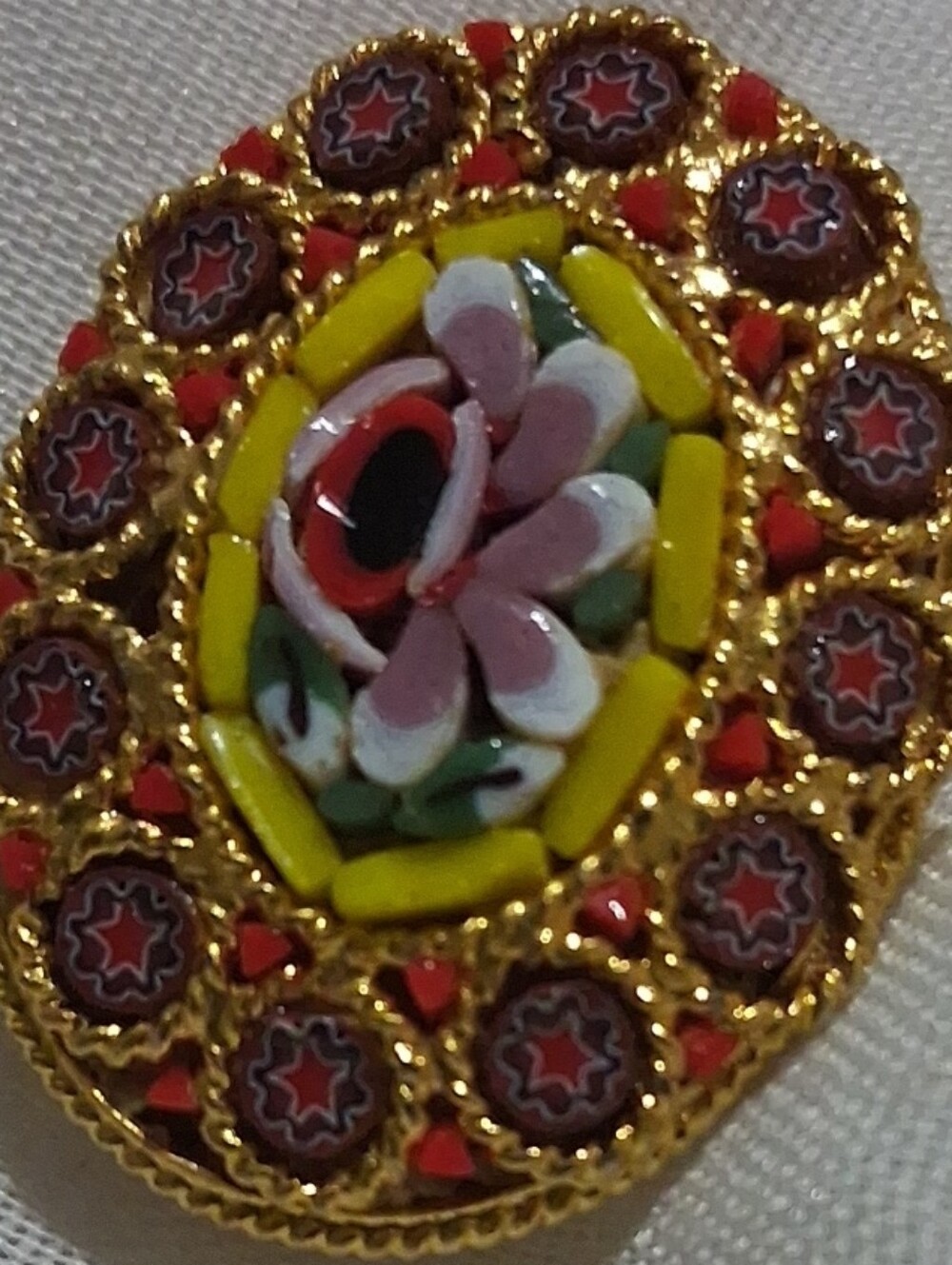 Gold-Tone Floral Micro Mosaic Oval Pendant - Yellow & Red